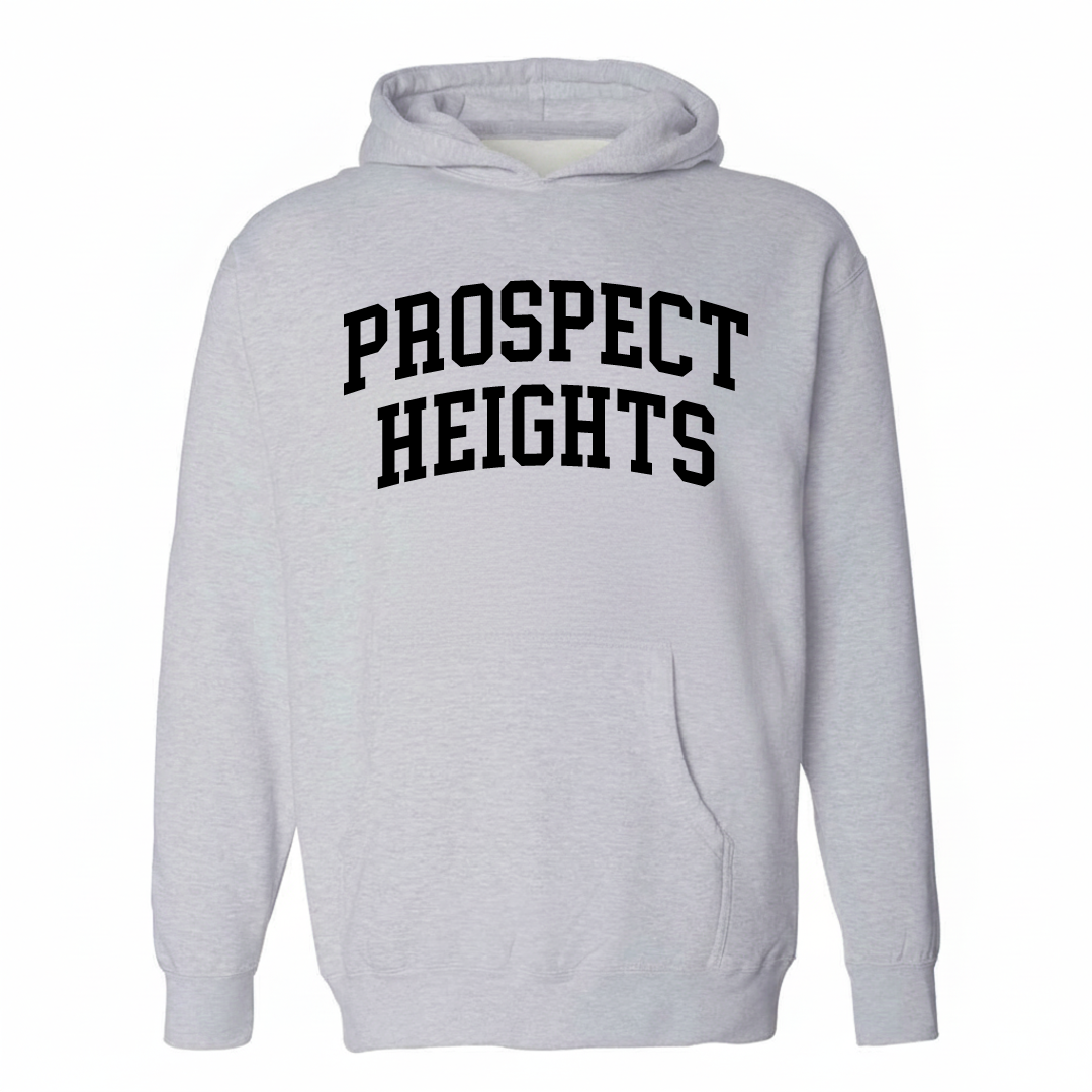Heather-gray hoodie with the Prospect Heights varsity arched lettering design on the chest.