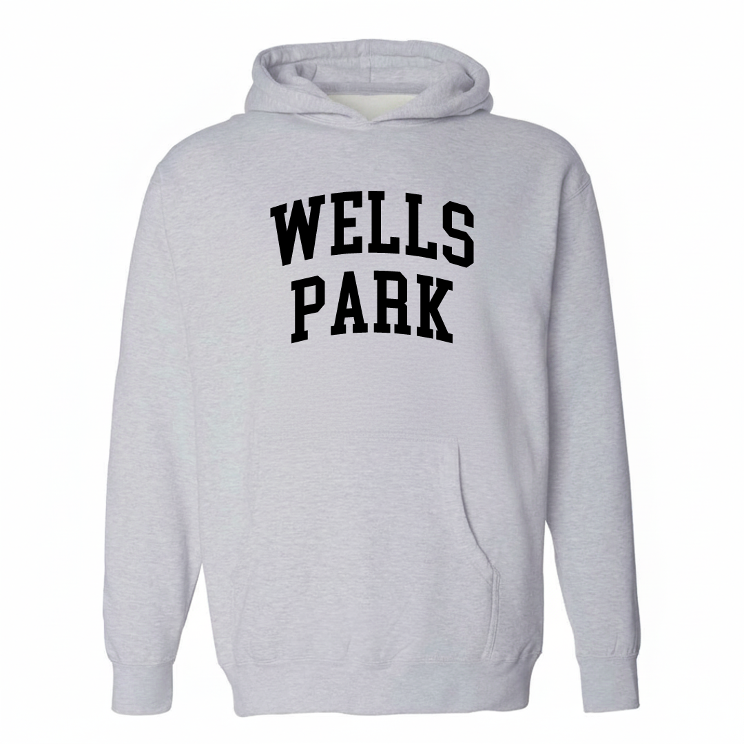 Heather-gray hoodie with the Wells Park varsity arched lettering design on the chest.