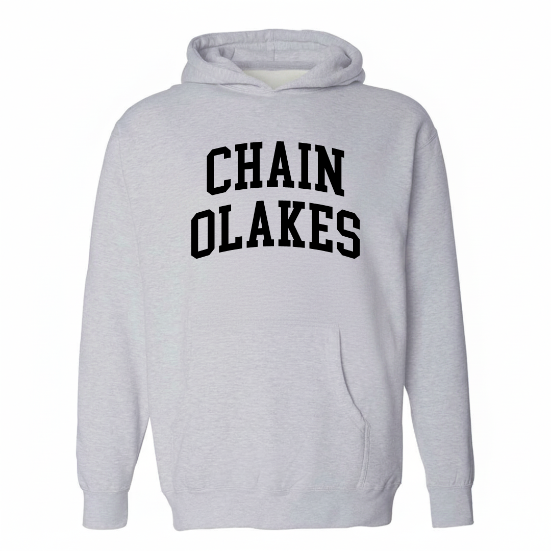Heather-gray hoodie with the Chain O'Lakes varsity arched lettering design on the chest.