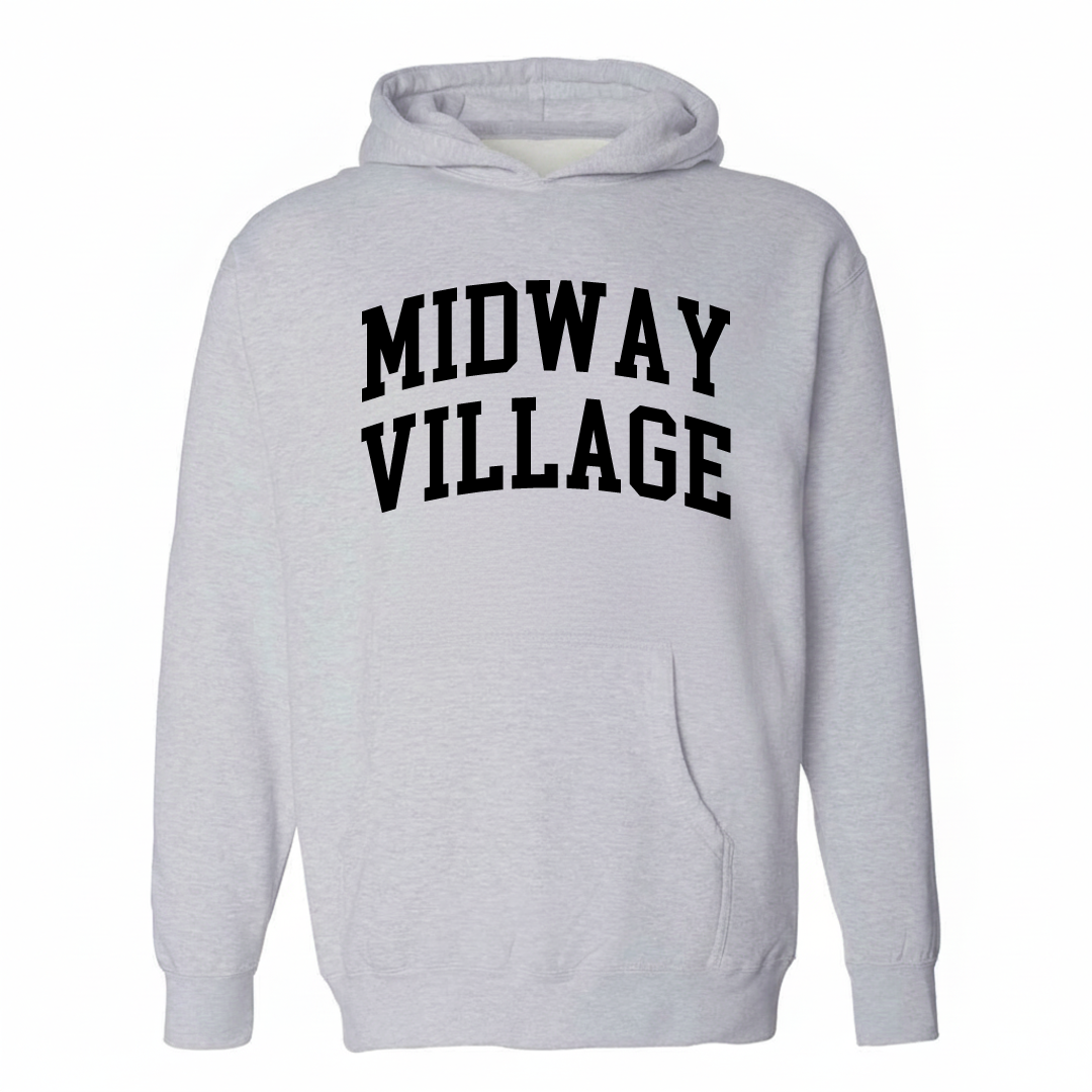 Heather-gray hoodie with the Midway Village arched lettering design on the chest.