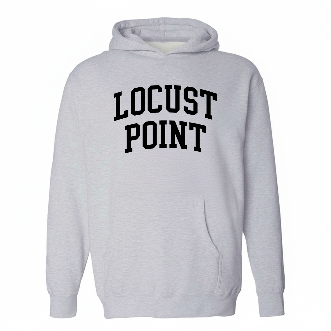 Heather-gray hoodie with the Locust Point varsity arched lettering design on the chest.