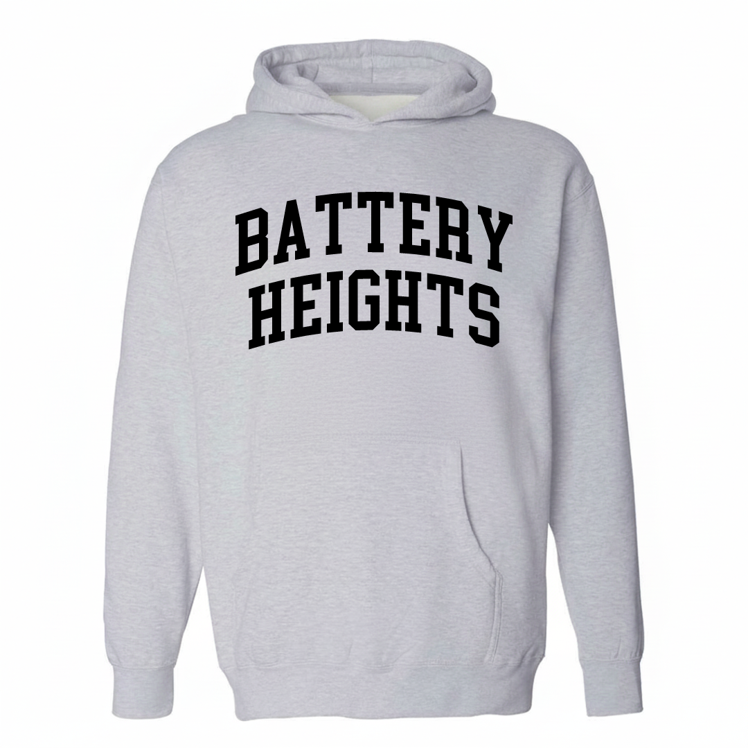Heather-gray hoodie with the Battery Heights arched lettering design on the chest.