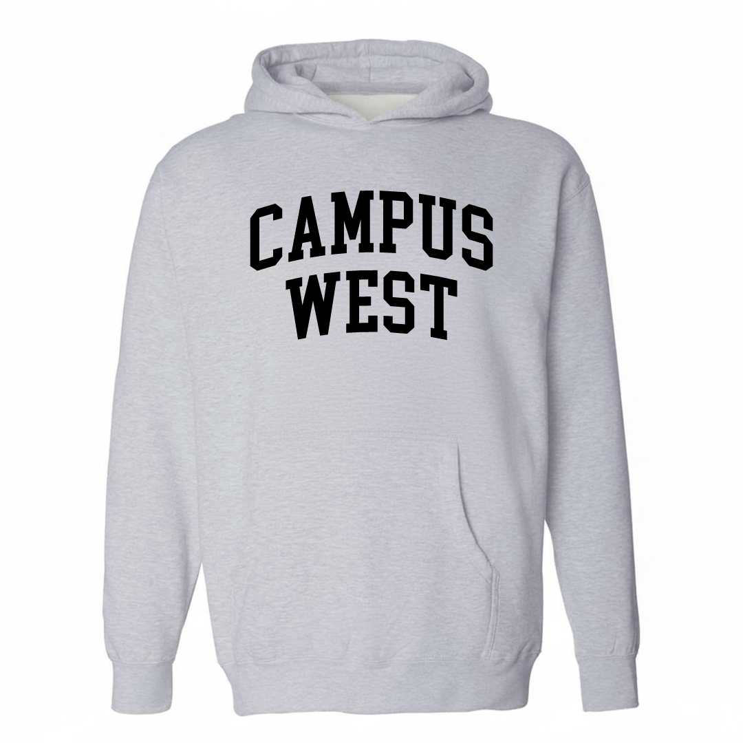 Heather-gray hoodie with the Campus West arched varsity lettering design on the chest.