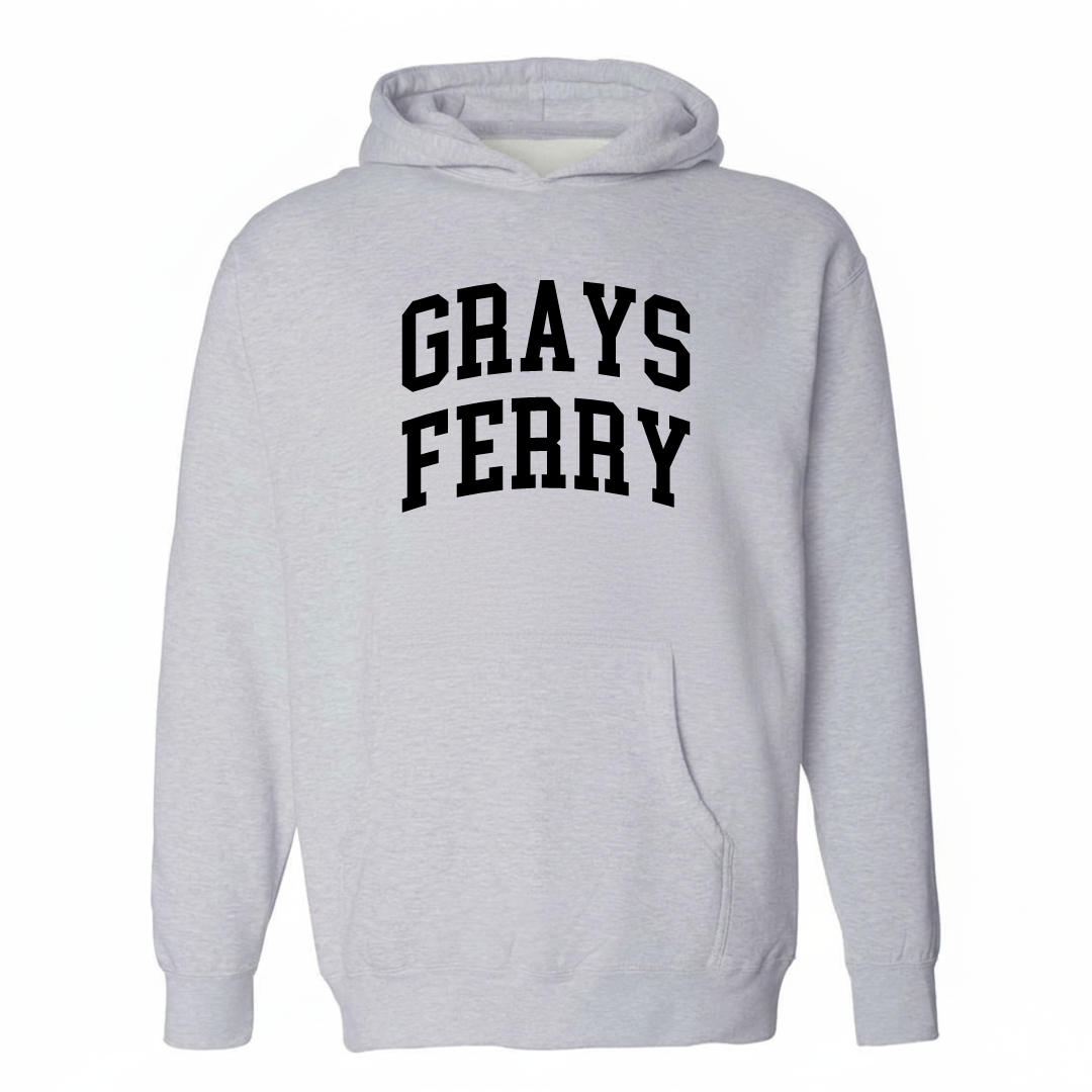 Heather-gray hoodie with the Grays Ferry varsity arched lettering design on the chest.