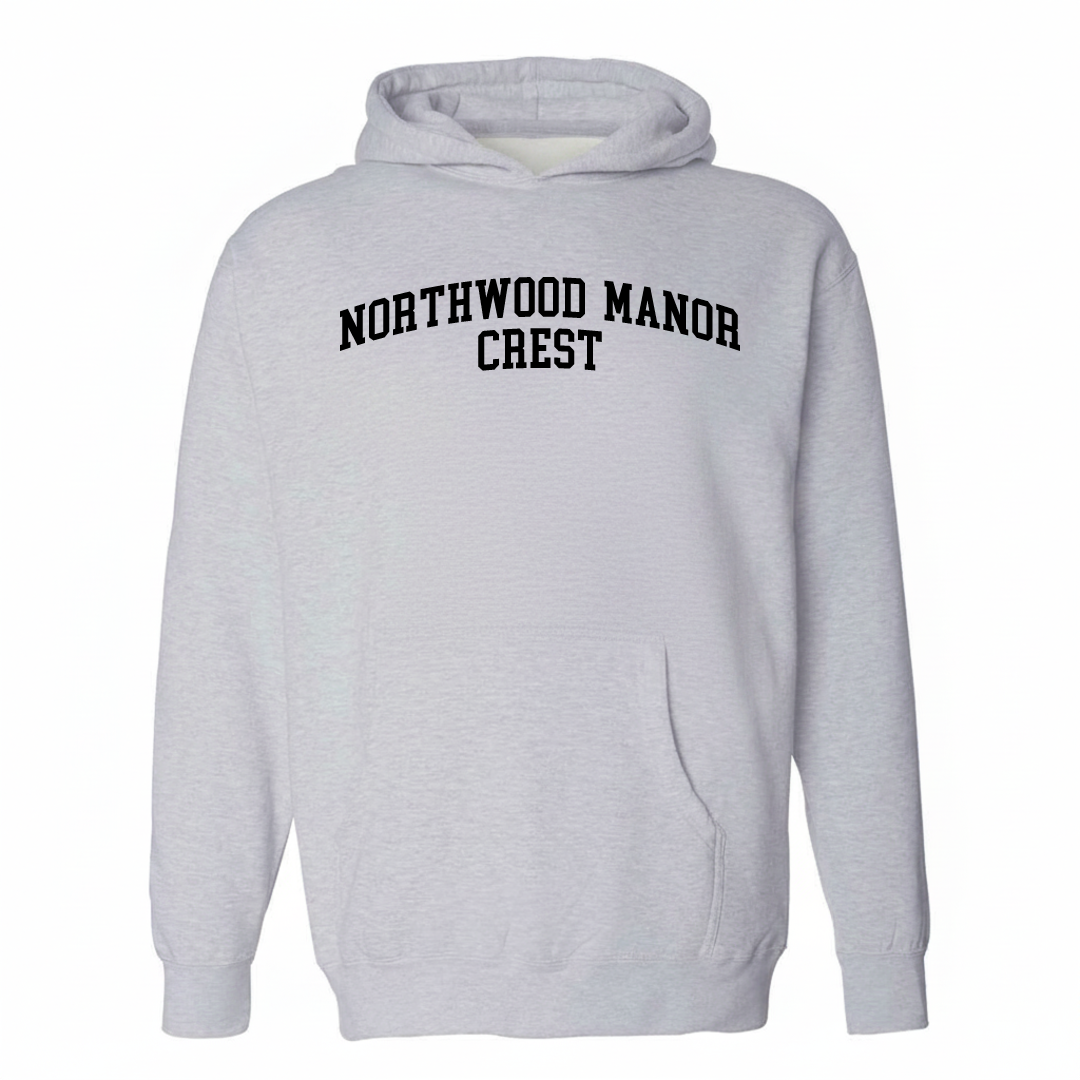 Heather-gray hoodie with the Northwood Manor Crest varsity arched lettering design on the chest.