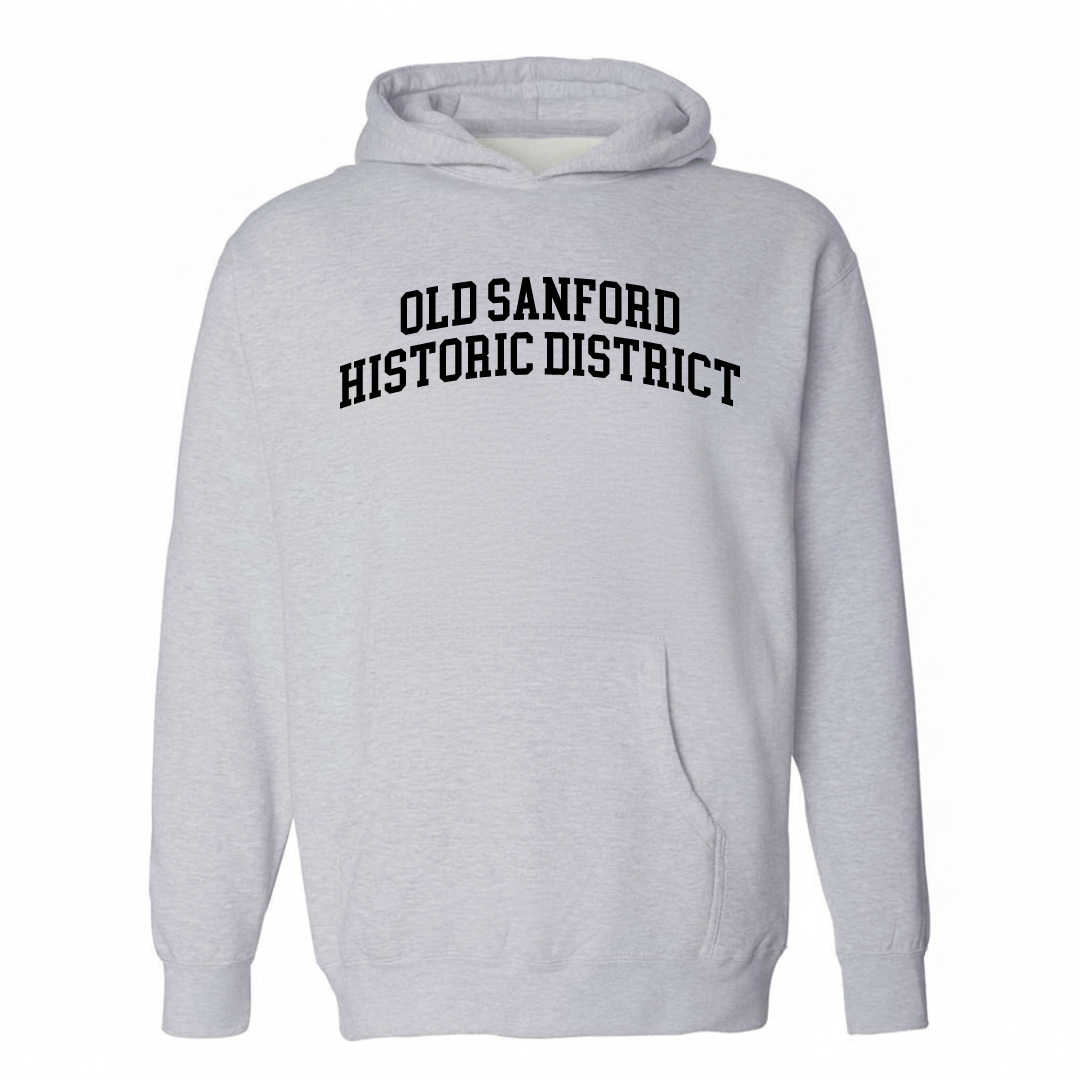 Heather-gray hoodie with the Old Sanford Historic District varsity arched lettering design on the chest.
