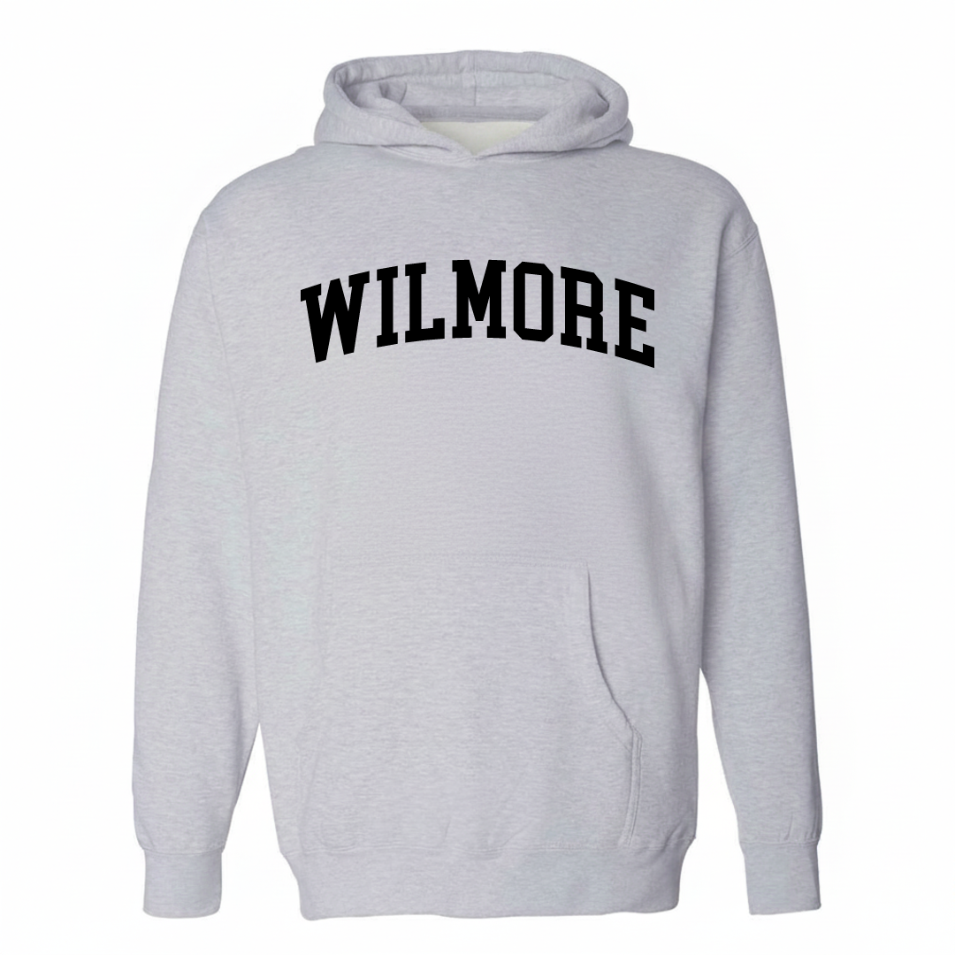 Heather-gray hoodie with the Wilmore varsity arched lettering design on the chest.