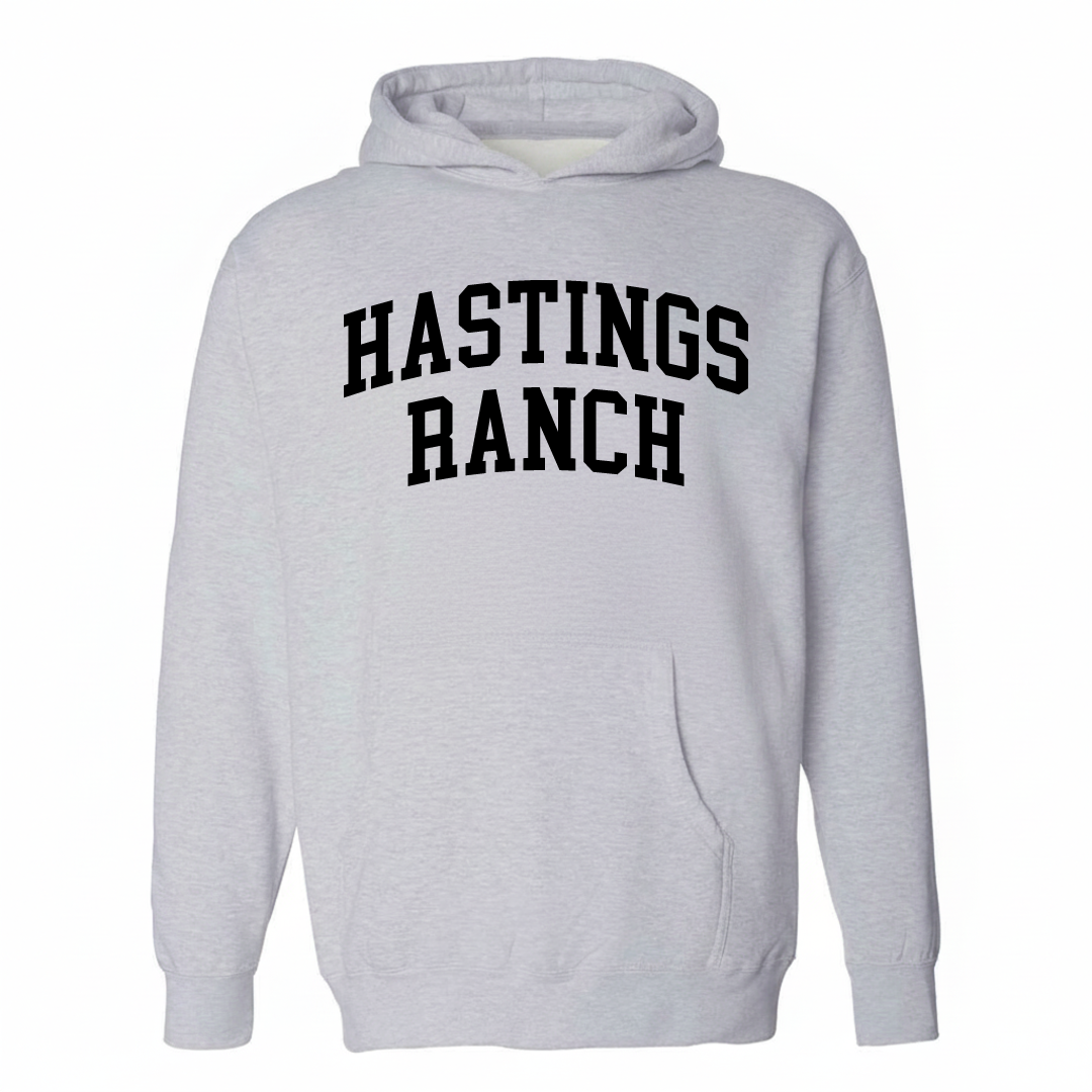Heather-gray hoodie with the Hastings Ranch varsity arched lettering design on the chest.