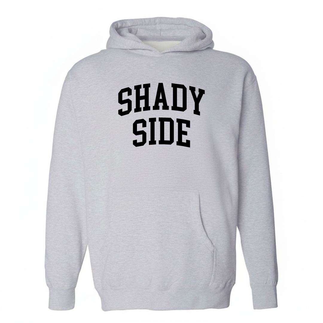 Heather-gray hoodie with the Shady Side arched varsity lettering design on the chest.