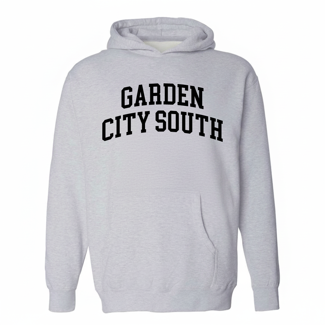 Heather-gray hoodie with the Garden City South varsity arched lettering design on the chest.