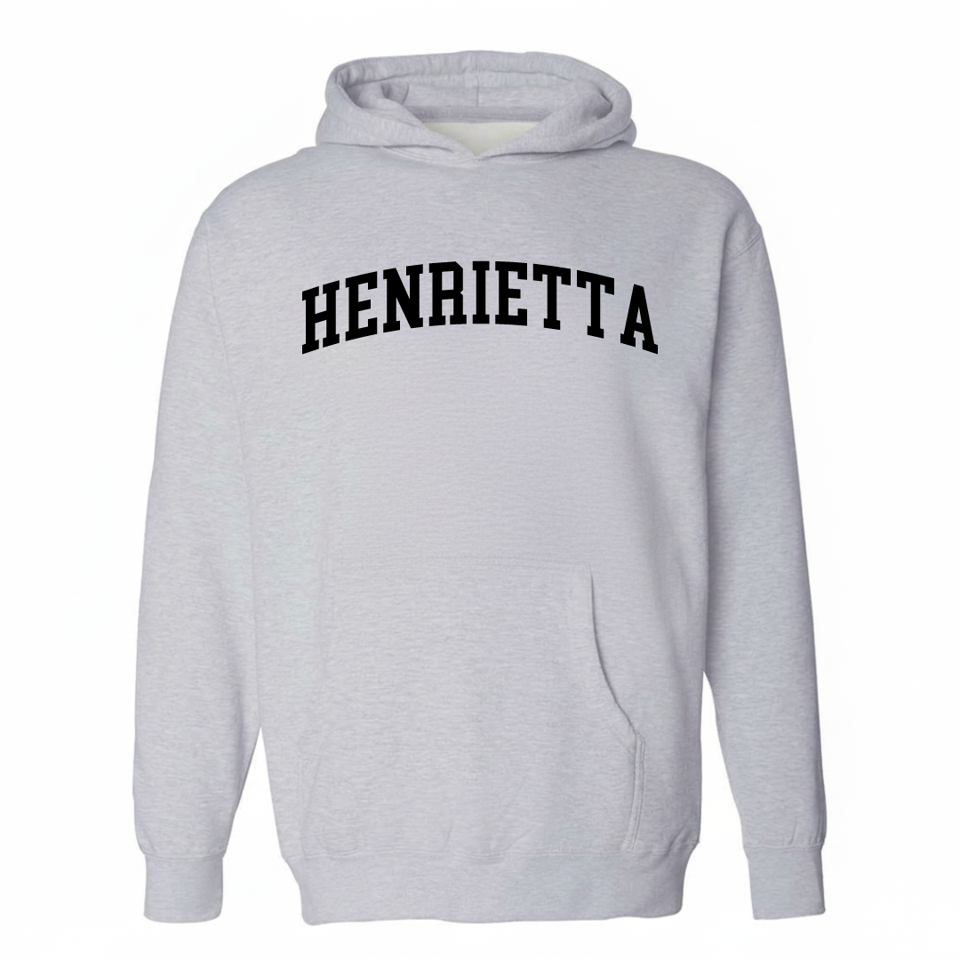 Heather-gray hoodie with the Henrietta varsity arched lettering design on the chest.