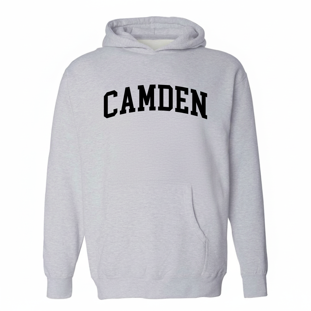 Heather-gray hoodie with the Camden, Maine varsity arched lettering design on the chest.
