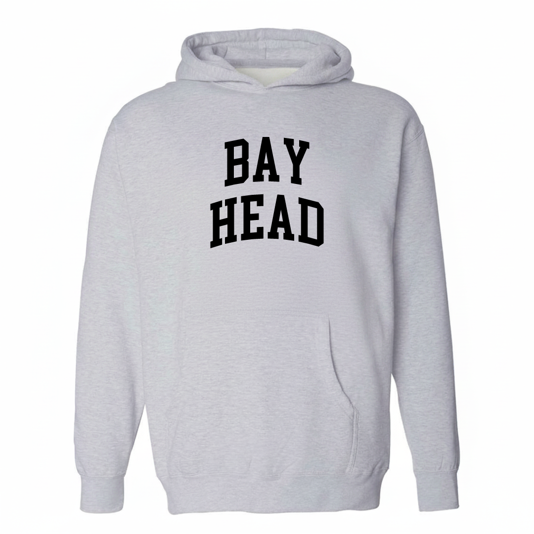 Heather-gray hoodie with the Bay Head varsity arched lettering design on the chest.
