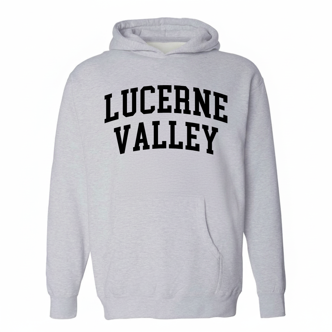 Heather-gray hoodie with the Lucerne Valley varsity arched lettering design on the chest.