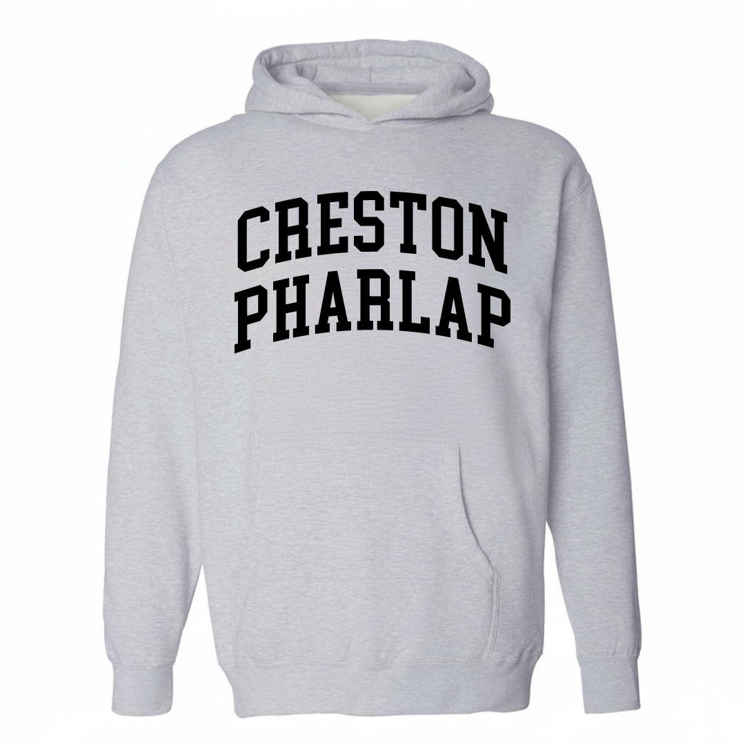 Heather-gray hoodie with the Creston-Pharlap varsity arched lettering design on the chest.