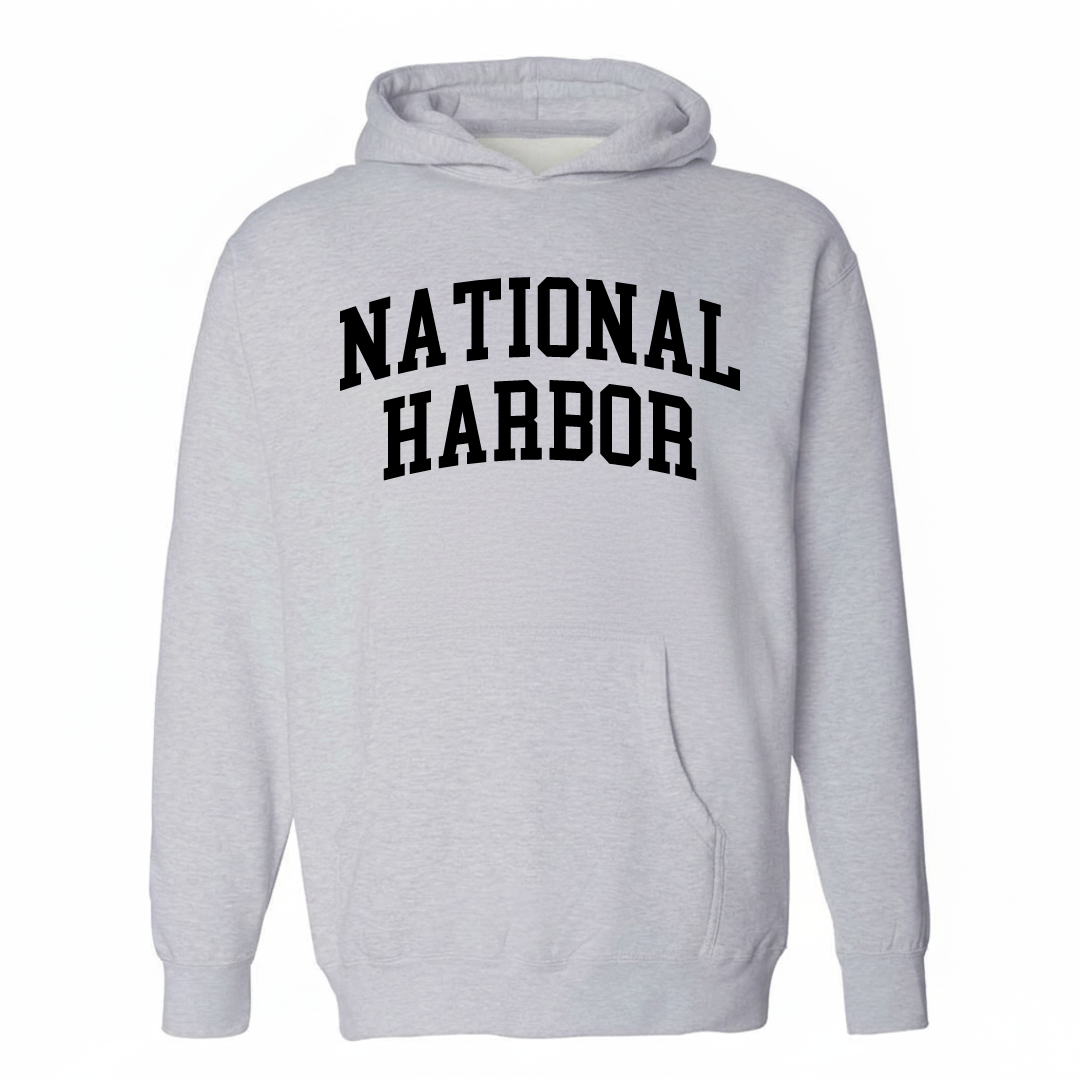 Heather-gray hoodie with the National Harbor varsity arched lettering design on the chest.