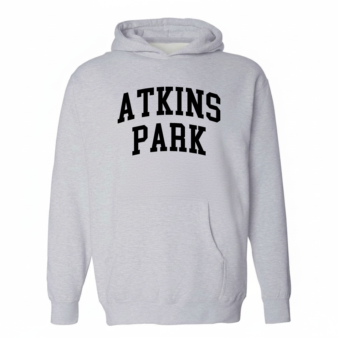 Heather-gray hoodie with the Atkins Park varsity arched lettering design on the chest.