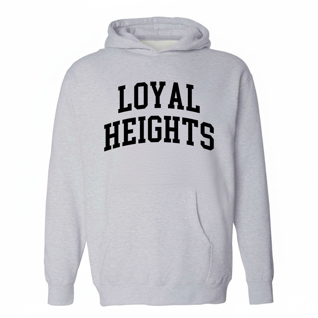 Heather-gray hoodie with the Loyal Heights varsity arched lettering design on the chest.