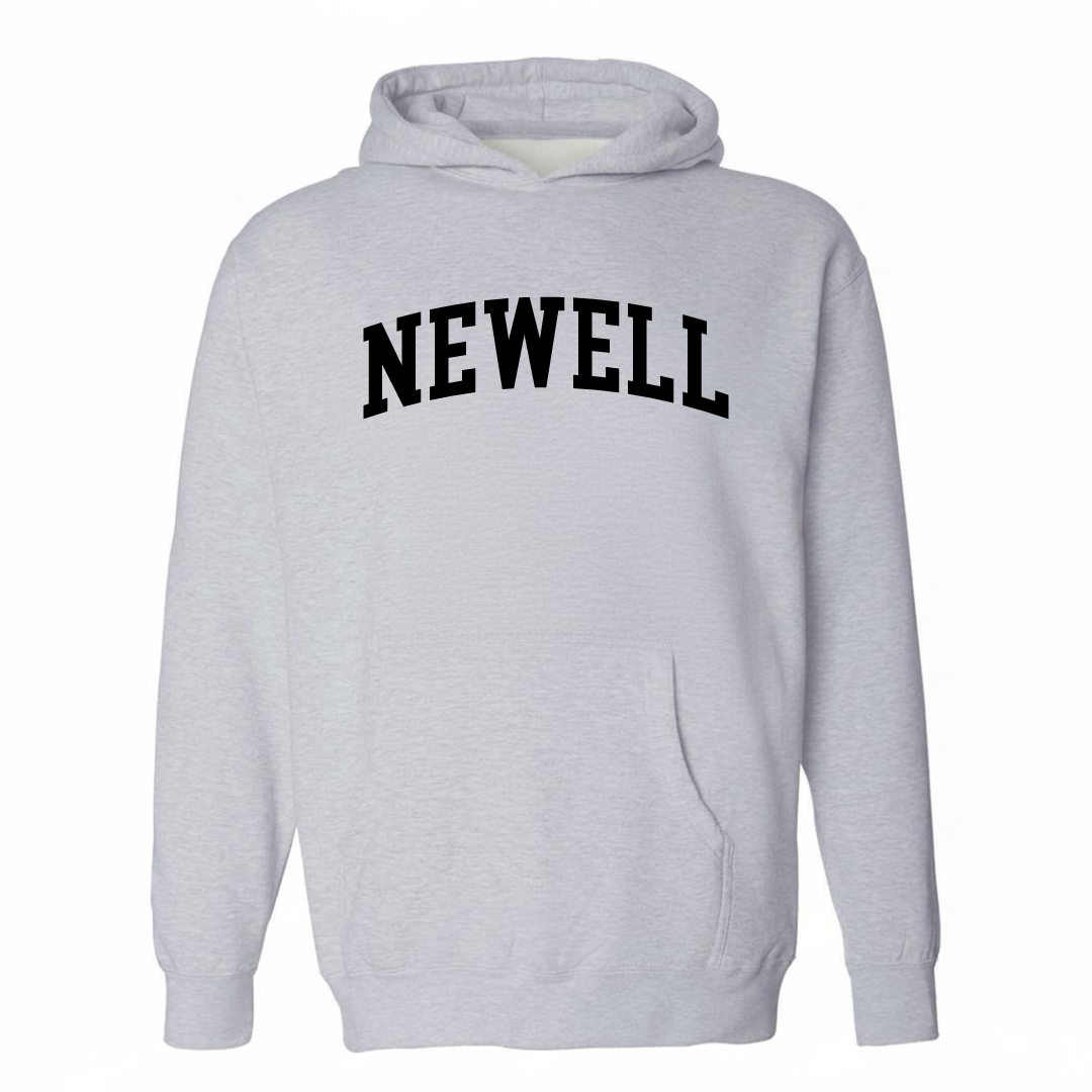 Heather-gray hoodie with the Newell arched varsity lettering design on the chest.