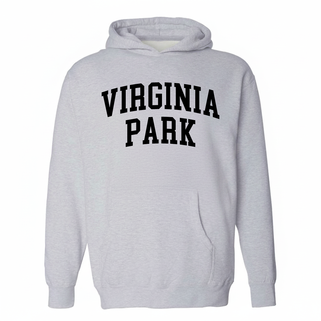Heather-gray hoodie with the Virginia Park varsity arched lettering design on the chest.