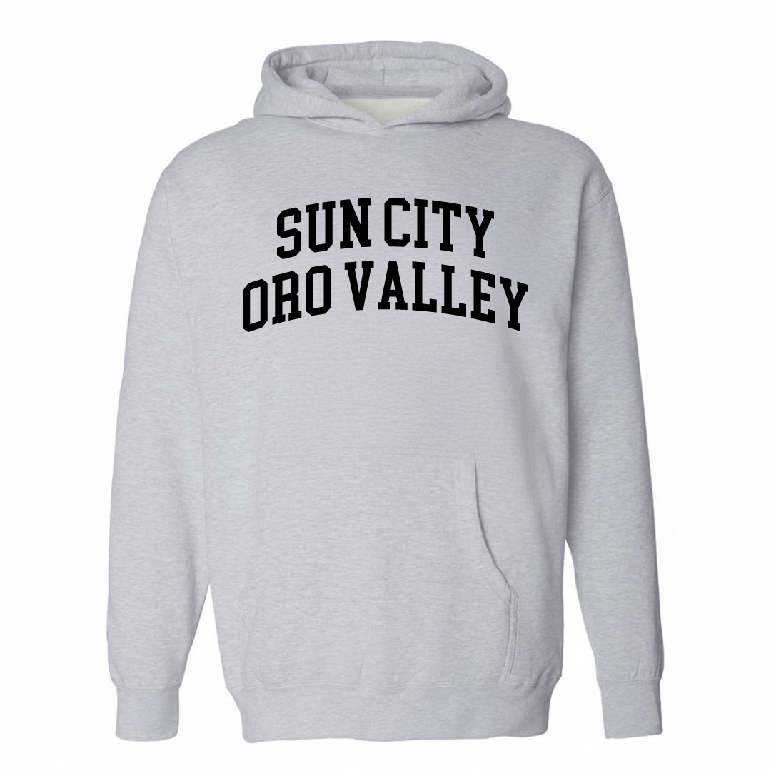 Heather-gray hoodie with the Sun City Oro Valley varsity arched lettering design on the chest.