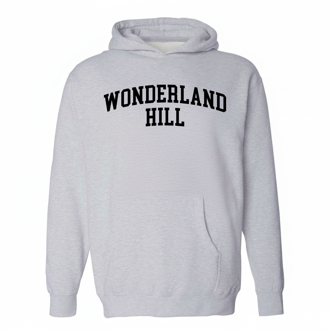 Heather-gray hoodie with the Wonderland Hill varsity arched lettering design on the chest.