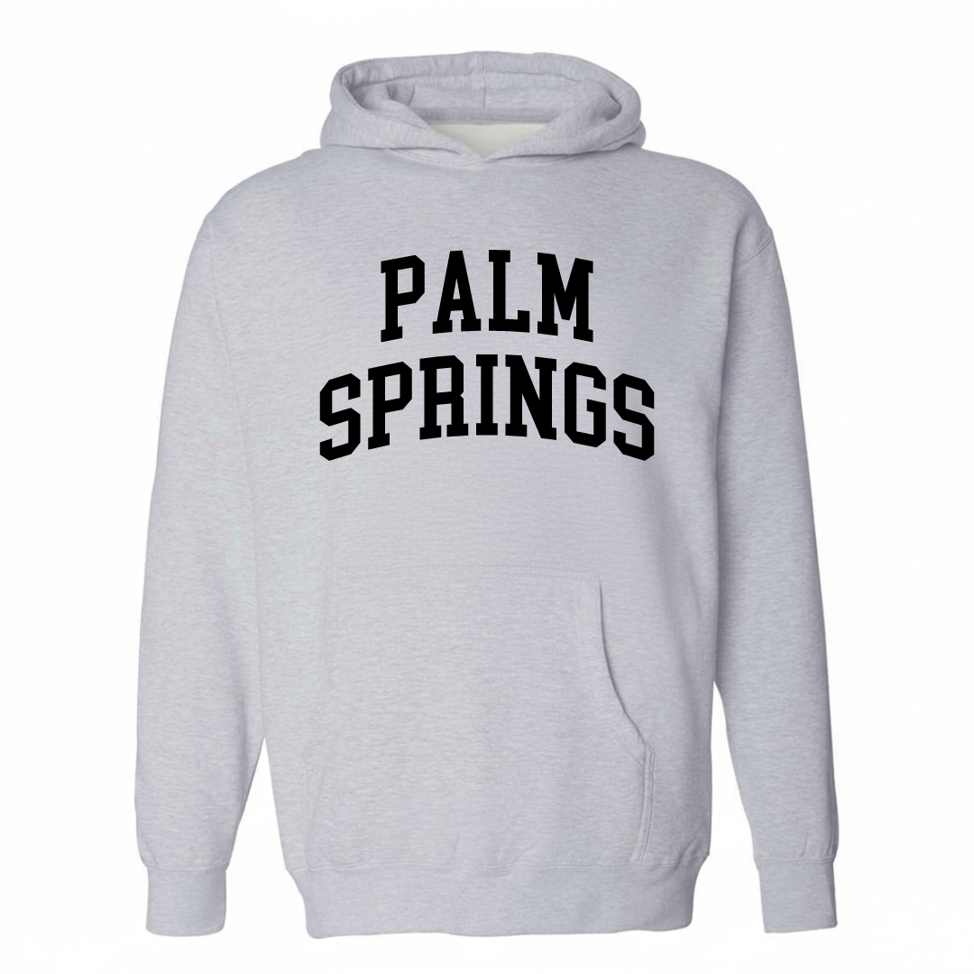 Heather-gray hoodie with the Palm Springs Hialeah arched lettering design on the chest.