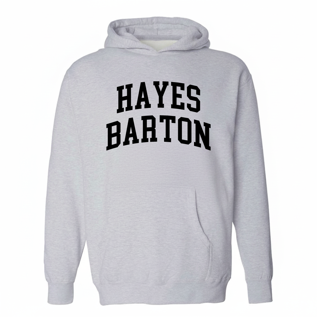 Heather-gray hoodie with the Hayes Barton varsity arched lettering design on the chest.