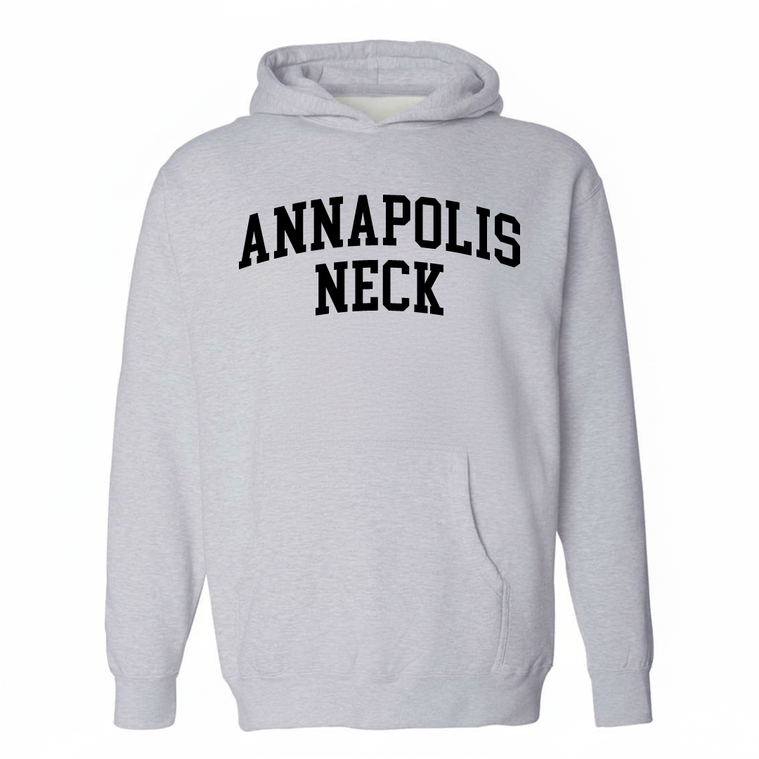 Heather-gray hoodie with the Annapolis Neck varsity arched lettering design on the chest.