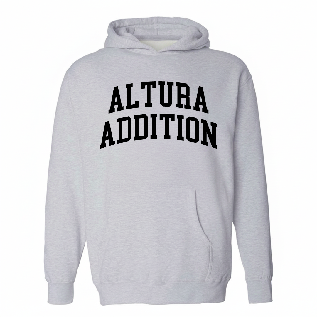 Heather-gray hoodie with the Altura Addition arched lettering design on the chest.