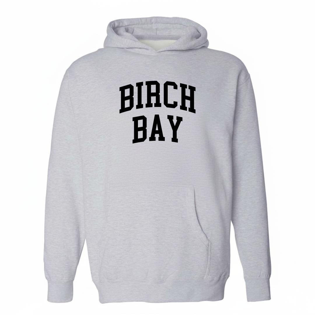 Heather-gray hoodie with the Birch Bay varsity arched lettering design on the chest.