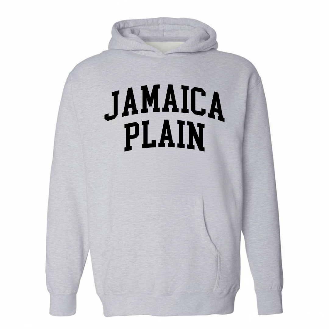 Heather-gray hoodie with the Jamaica Plain arched lettering varsity-collegiate design on the chest.