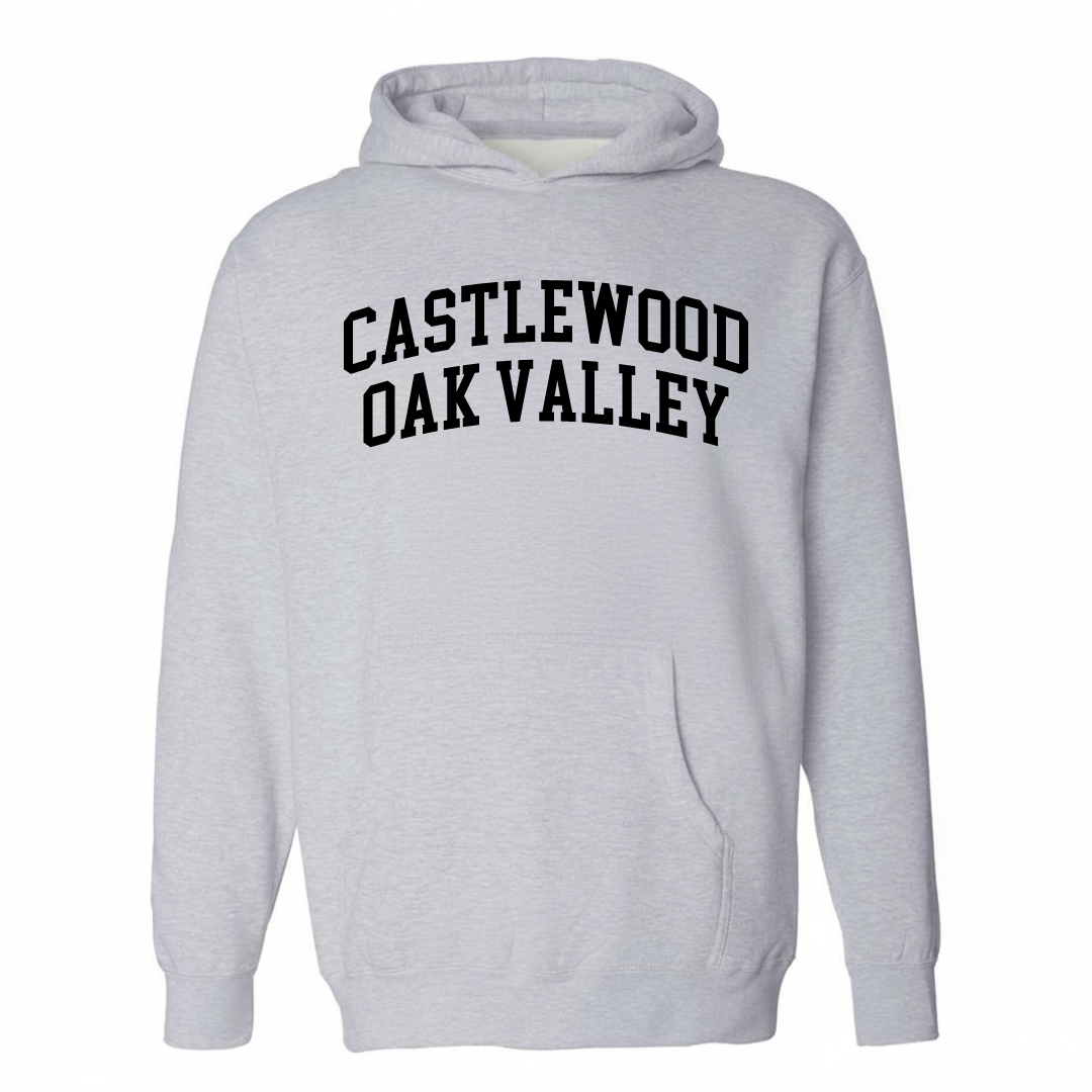 Heather-gray hoodie with the Castlewood-Oak Valley varsity arched lettering design on the chest.