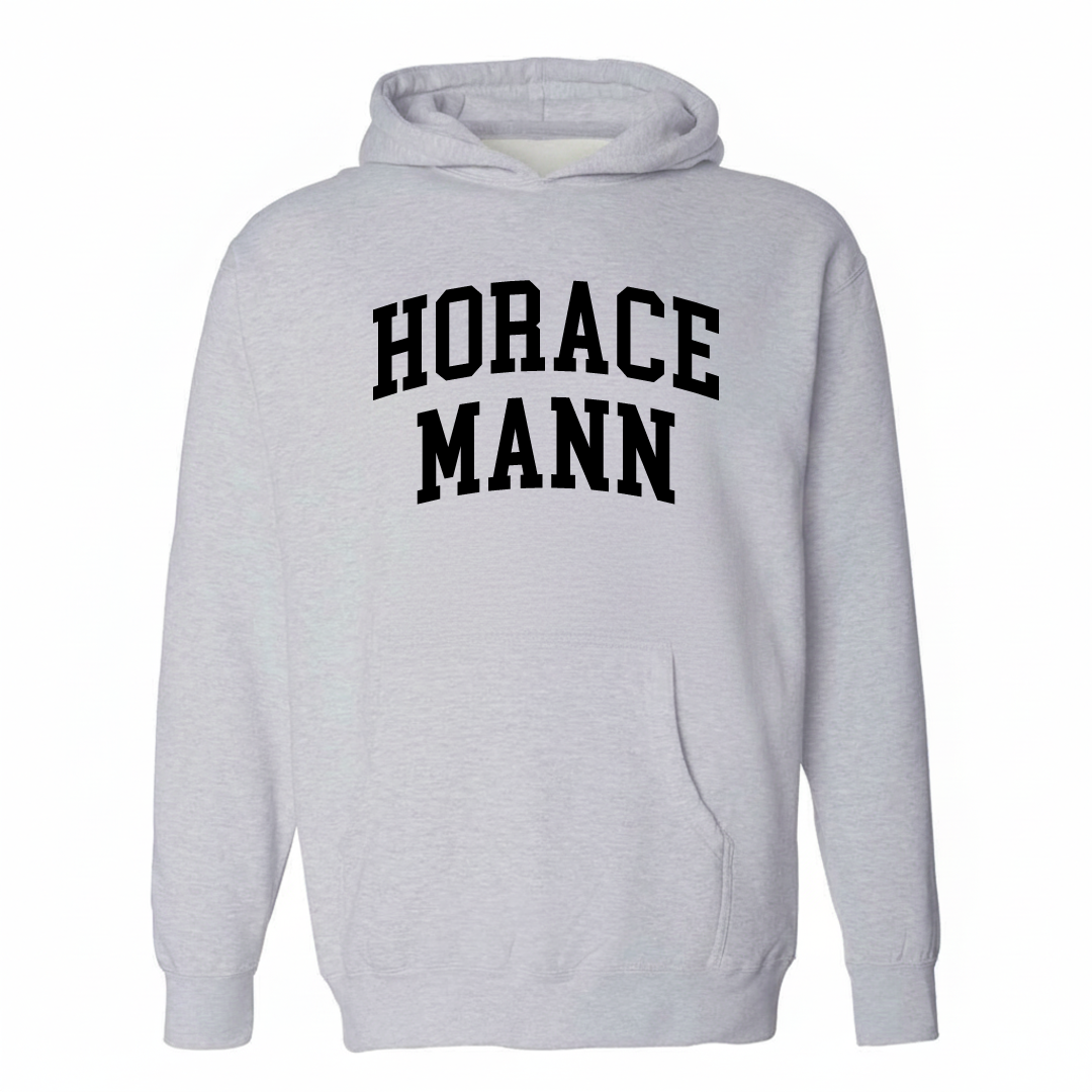 Heather-gray hoodie with the Horace Mann arched lettering design on the chest.
