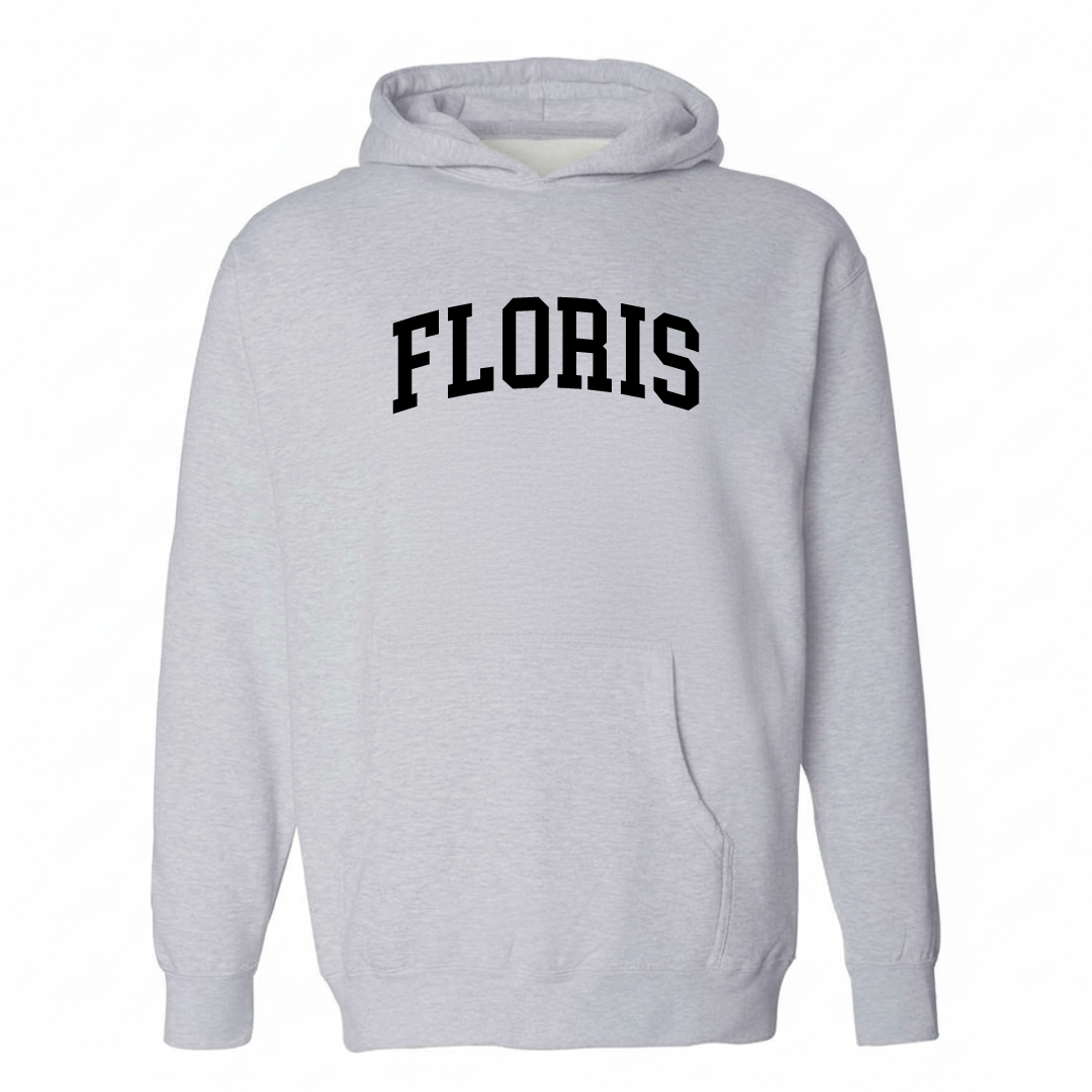 Heather-gray hoodie with the Floris arched varsity lettering design on the chest.