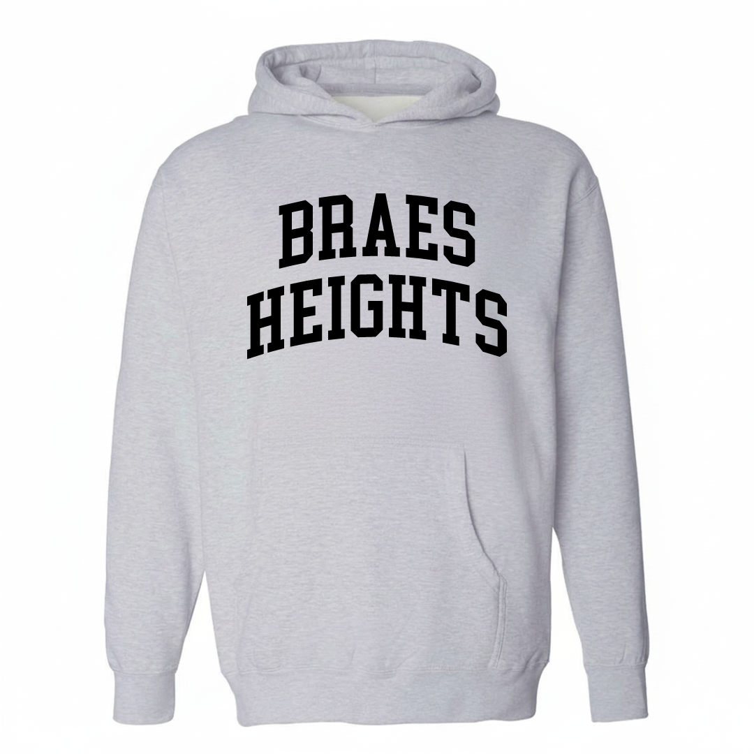 Heather-gray hoodie with the Braes Heights varsity arched lettering design on the chest.