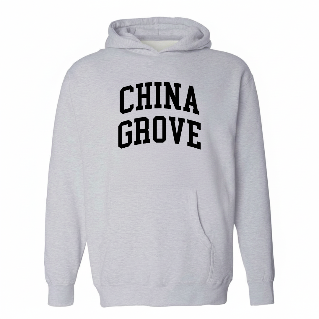 Heather-gray hoodie with the China Grove varsity arched lettering design on the chest.