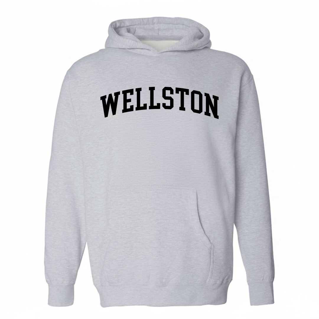 Heather-gray hoodie with the Wellston arched lettering varsity-collegiate design on the chest.
