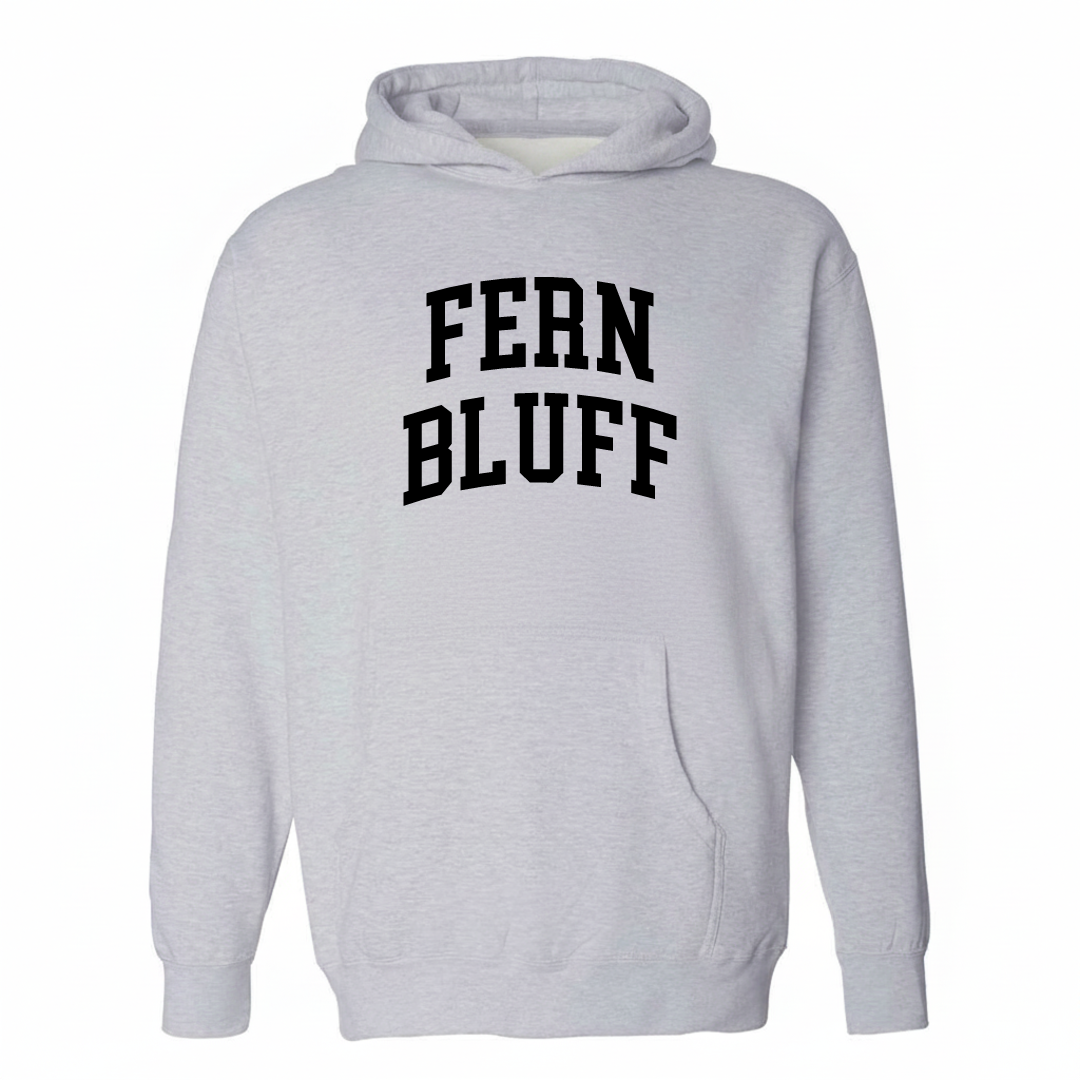 Heather-gray hoodie with the Fern Bluff arched varsity lettering design on the chest.