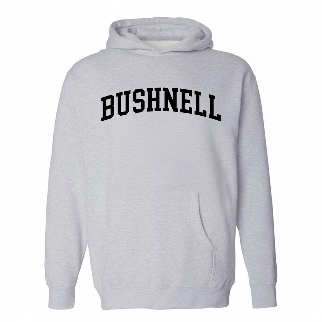 Heather-gray hoodie with the Bushnell varsity arched lettering design on the chest.