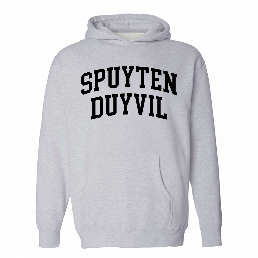 Heather-gray hoodie with the Spuyten Duyvil varsity arched lettering design on the chest.