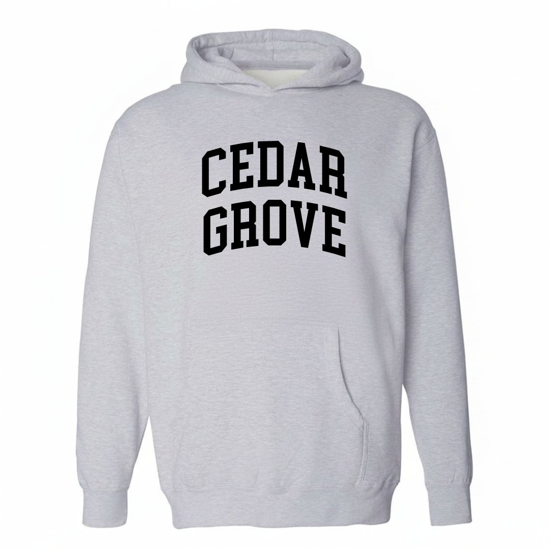 Heather-gray hoodie with the Cedar Grove varsity arched lettering design on the chest.