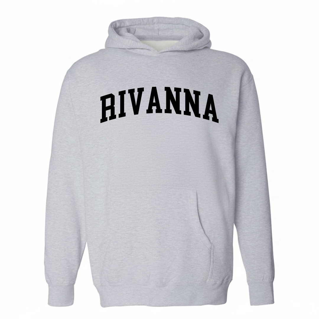 Heather-gray hoodie with the Rivanna arched varsity lettering design on the chest.