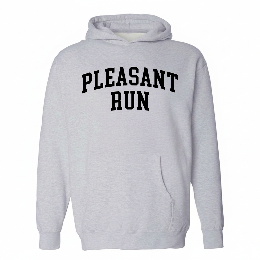 Heather-gray hoodie with the Pleasant Run arched varsity lettering design on the chest.