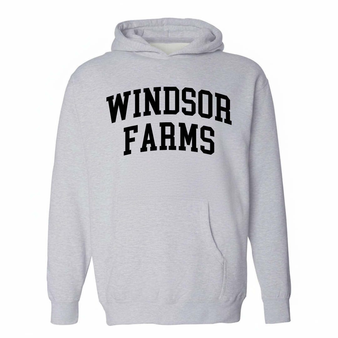 Heather-gray hoodie with the Windsor Farms varsity arched lettering design on the chest.