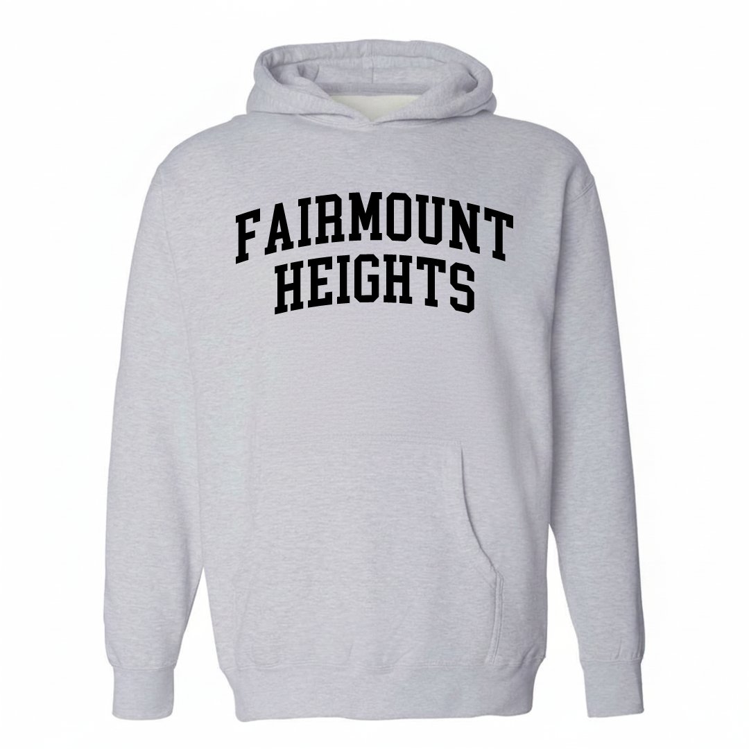Heather-gray hoodie with the Fairmount Heights varsity arched lettering design on the chest.