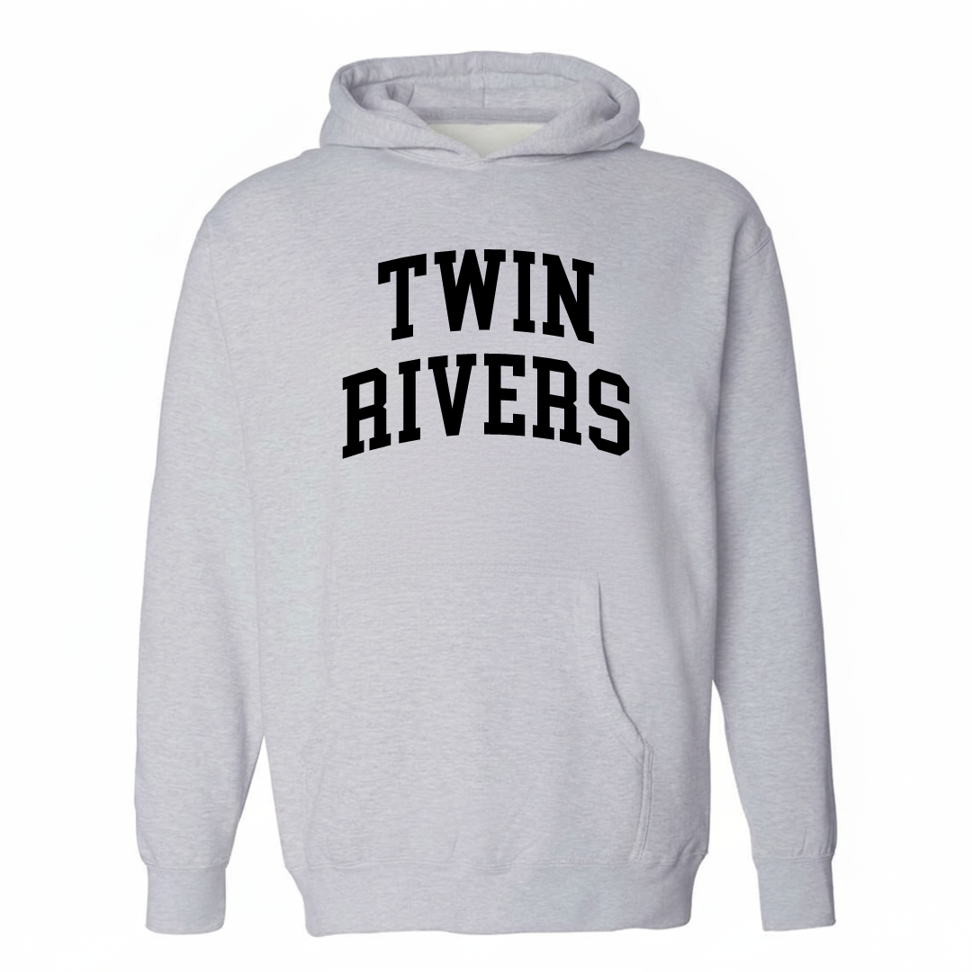 Heather-gray hoodie with the Twin Rivers varsity arched lettering design on the chest.