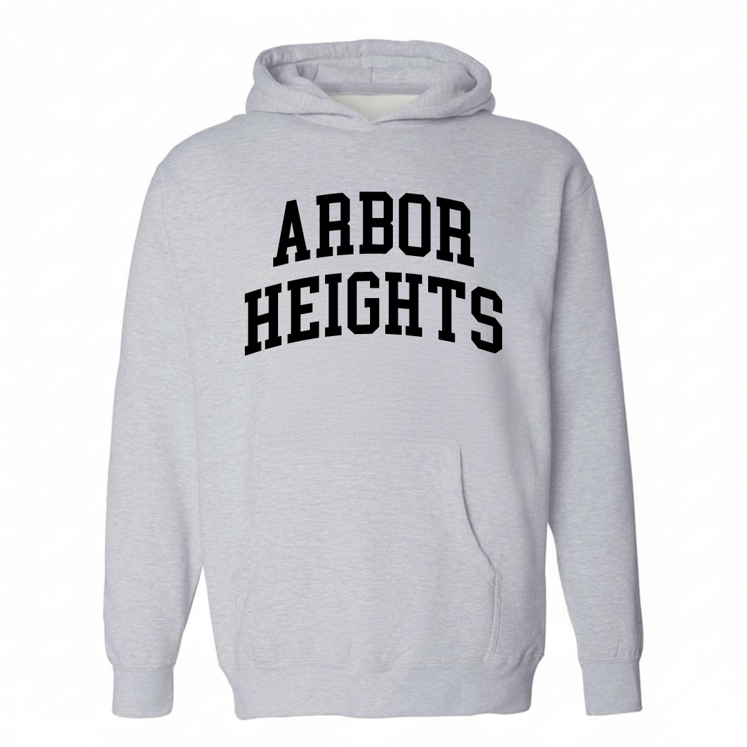 Heather-gray hoodie with the Arbor Heights varsity arched lettering design on the chest.