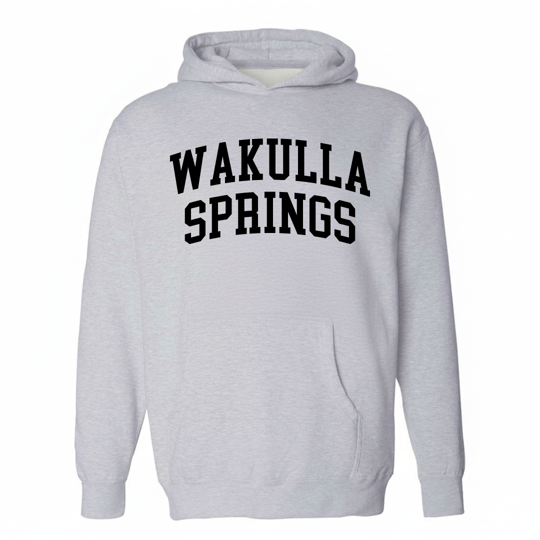 Heather-gray hoodie with the Wakulla Springs varsity arched lettering design on the chest.