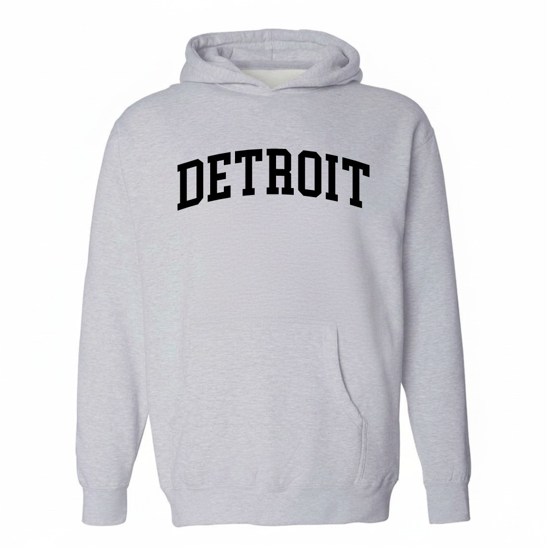 Heather-gray hoodie with the Detroit varsity arched lettering design on the chest.